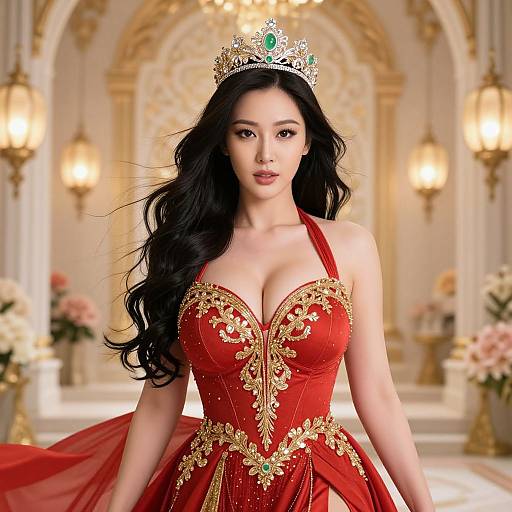 Photograph of an Asian woman with long black hair, wearing a red and gold ornate dress, and a jeweled crown, standing in an op