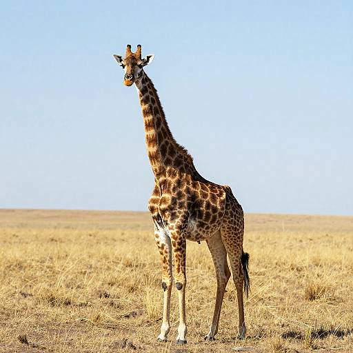 Photograph of a solitary giraffe with distinctive brown and white patchy fur standing on a sunlit, grassy savanna under a clear blue sky