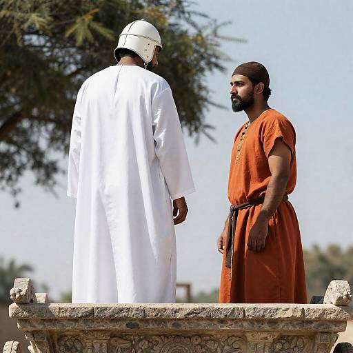 Two Men on a Decorative Stone Cart
