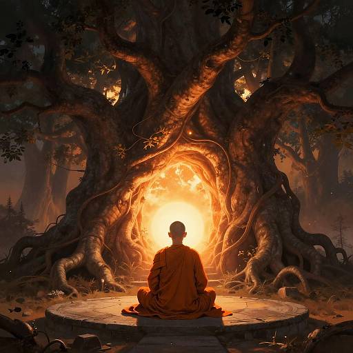 Serene Monk by Glowing Mystic Tree