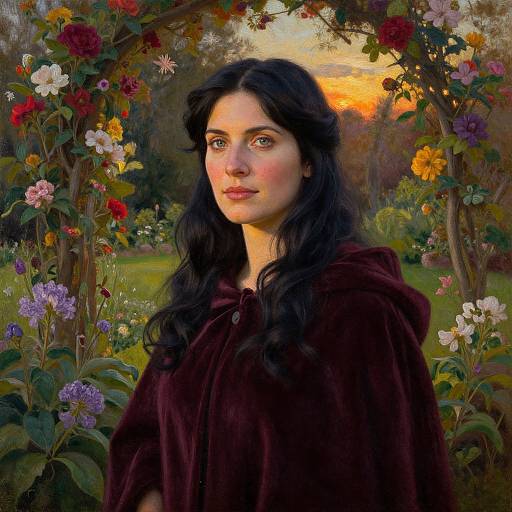 Digital painting of a fair-skinned woman with long black hair, wearing a dark burgundy cloak, standing in a vibrant garden with a sunset background,