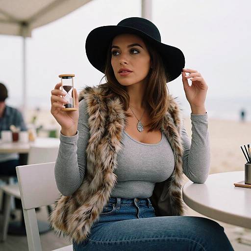 Photograph of a stylish woman with light brown skin, wearing a black hat, gray top, fur vest, and blue jeans, holding a glass of