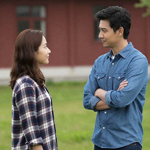 Photograph of an Asian couple standing outdoors, facing each other; woman in plaid shirt, man in blue denim shirt, arms crossed.