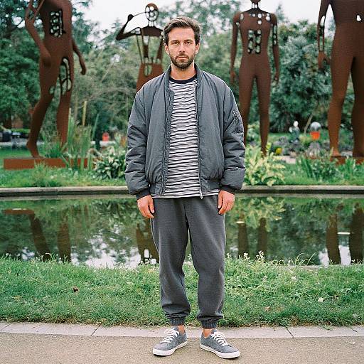 Photograph of a bearded man with short brown hair, wearing a black jacket, striped shirt, gray pants, and white sneakers, standing in front