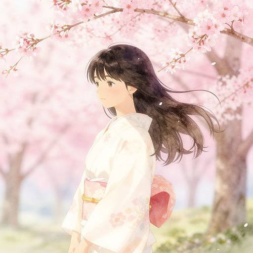 Anime-style digital drawing of a young woman with long black hair, wearing a white kimono, standing under blooming cherry blossoms. Soft pink and