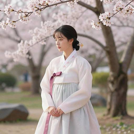 Photograph of a Korean woman in traditional white hanbok with pink sash, standing amidst blooming cherry blossoms, looking thoughtfully to the