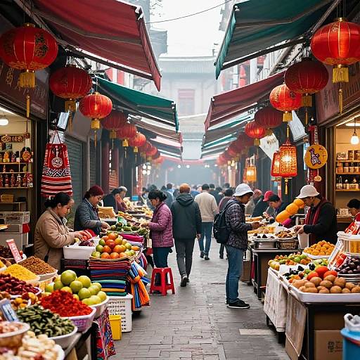 Photograph of a vibrant, narrow Asian market alley with red lanterns, colorful stalls, various fruits and vegetables, shoppers in winter clothing, and a