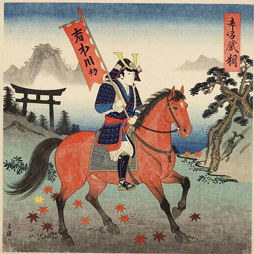 Ukiyo-e woodblock print of samurai in blue and white armor riding a red horse, holding a red banner, autumn landscape with mountains,