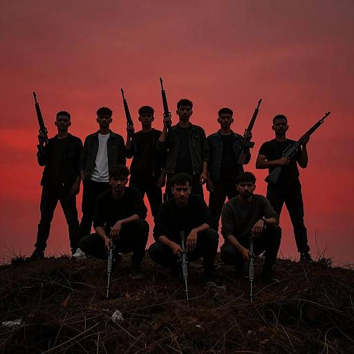 Nine Armed Men Silhouetted on Hill
