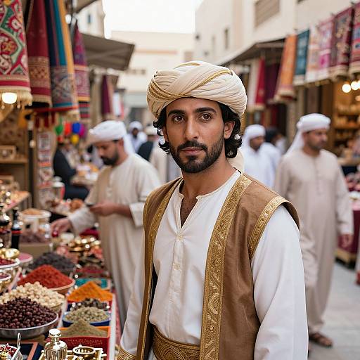 Photograph of a Middle Eastern man with dark hair, beard, and turban, wearing a white shirt and gold-trimmed vest, standing in