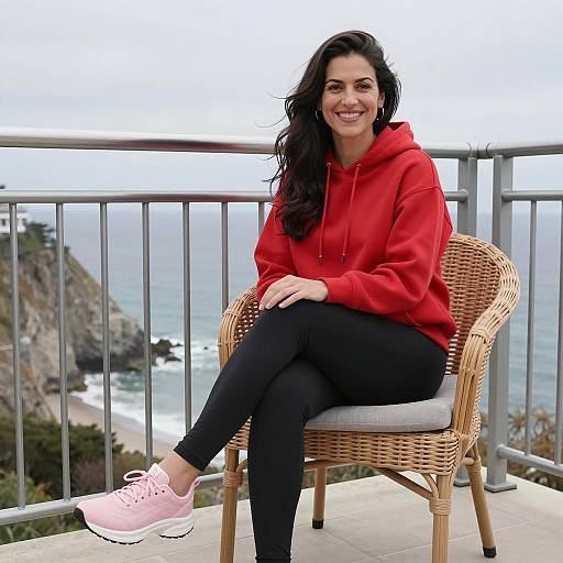 Smiling Woman on Balcony with Ocean View