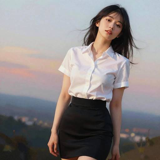 Elegant Woman in White Shirt at Sunset