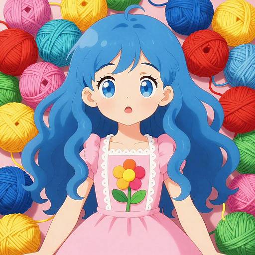 Anime-style digital drawing of a blue-haired girl with wide eyes, wearing a pink dress with a flower, surrounded by colorful yarn balls.