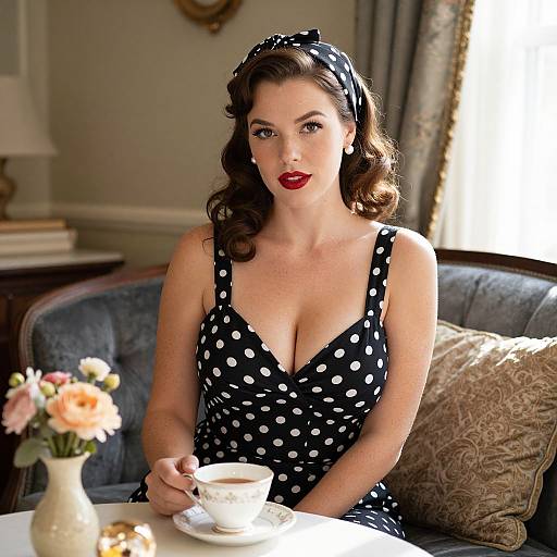Photograph of a curvy woman with red lipstick, vintage black polka dot dress, and headscarf, sitting in a vintage living room,