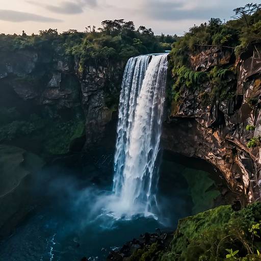 Photograph of a powerful waterfall cascading down a dark, rocky cliff surrounded by lush greenery, with mist rising from the base and a cloudy sky