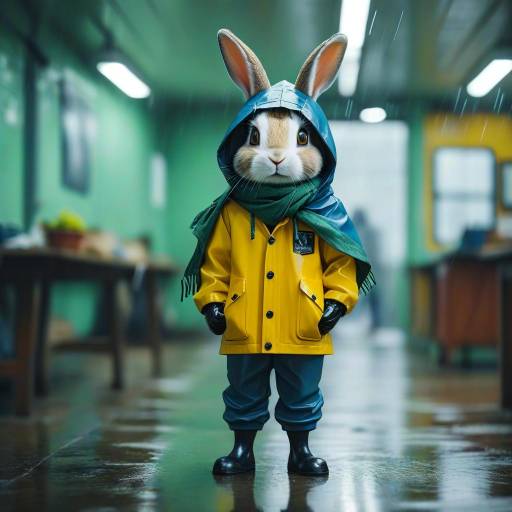 Anthropomorphic Rabbit in Raincoat and Scarf