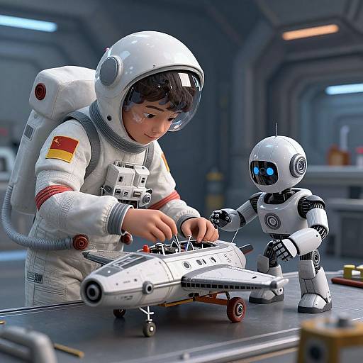 CGI image of a child in a white astronaut suit with German flag patch, assembling a model plane with a robot in a futuristic lab.