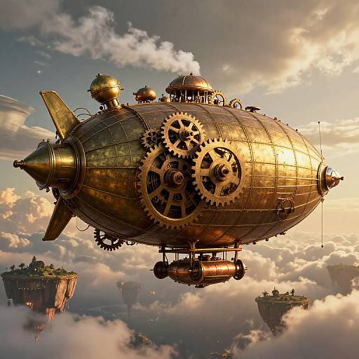 Steampunk airship with large gears and golden hull soaring through a cloudy sky, reflecting sunlight, with floating islands below.