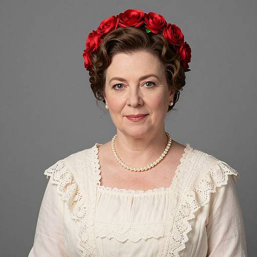 Photograph of a middle-aged woman with fair skin, dark hair in an updo adorned with red roses, wearing a white lace dress and pearl necklace