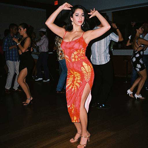 Photograph of a Latina woman with long black hair, wearing a red-orange floral dress with a thigh-high slit, dancing in a dimly lit nightclub