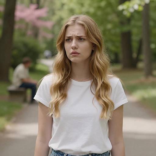 Concerned Young Woman in a Forest Path