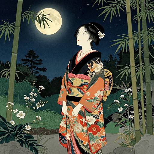 Ukiyo-E Woman in Moonlit Garden