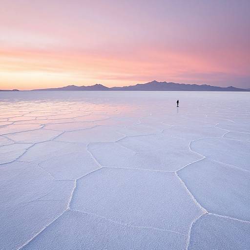 Photograph of a vast, cracked salt flat at sunrise, with a tiny, distant figure walking towards mountains under a pink and orange sky.
