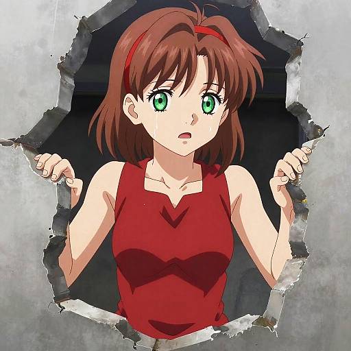 Anime-style digital drawing of a surprised brown-haired girl with green eyes, wearing a red tank top, peering through a torn hole.