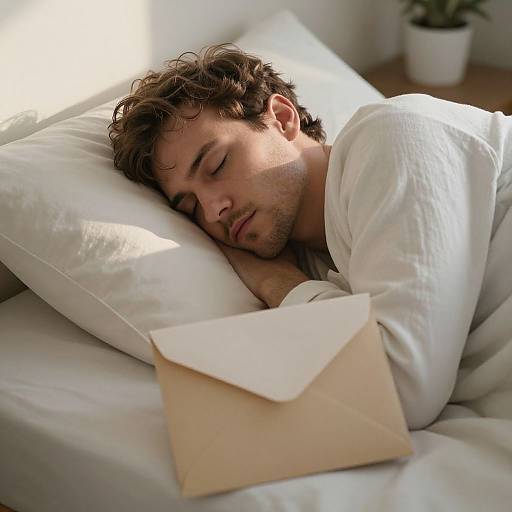 Photograph of a sleepy, curly-haired man with light stubble, wearing a white shirt, lying on a white pillow, holding a beige envelope,