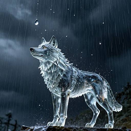 Illuminated, translucent wolf statue standing in rain at night, glowing with white light, moon visible in dark, cloudy sky. Digital art.