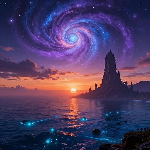 Digital fantasy artwork of a glowing purple galaxy swirling above a silhouetted castle at sunset, with bioluminescent orbs in a calm ocean.