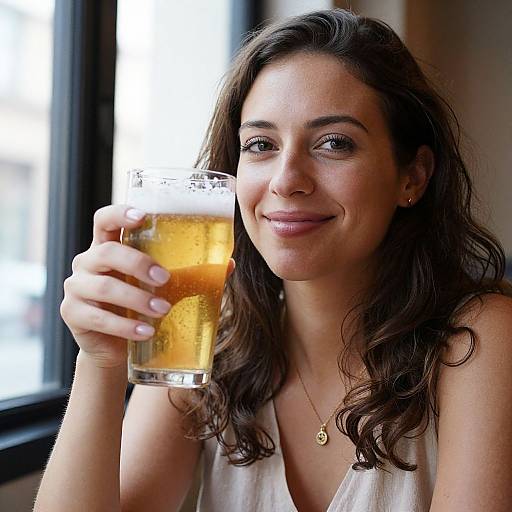 Photograph of a smiling young woman with wavy brown hair, holding a glass of golden beer, wearing a white sleeveless top, indoors near a