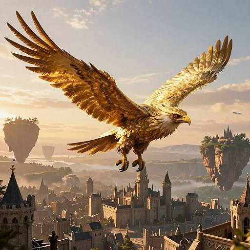 Giant golden eagle soars over a fantasy medieval cityscape at sunset, with floating islands and misty valleys in the background. Digital illustration.