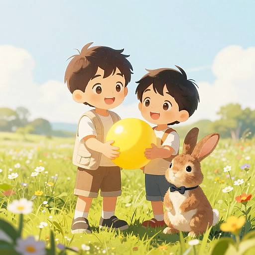 Digital illustration of two excited, young boys with dark hair playing with a yellow ball in a sunny meadow, beside a happy brown bunny. Bright,