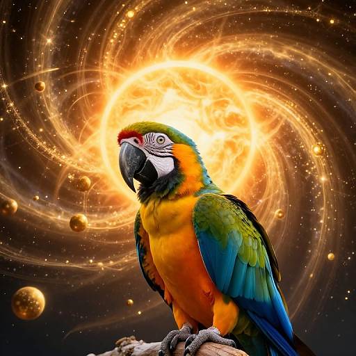 Colorful macaw perched on a branch, illuminated by a vibrant, swirling cosmic background with glowing orbs and stars. Digital artwork.