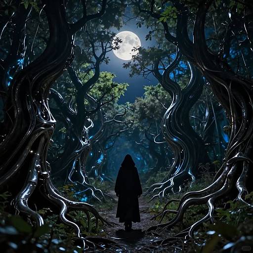 Digital art: Silhouetted figure in dark cloak stands on moonlit, twisted tree path with glowing blue accents under full moon.