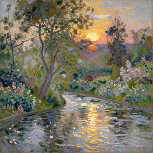 Impressionist painting of a sunlit garden pond with vibrant flowers, a reflective water surface, and a tree at sunset.