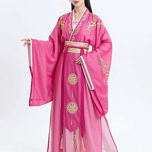 Photograph of an Asian woman in a pink, floral-embroidered traditional Korean hanbok with wide sleeves and a sheer lower hem, standing