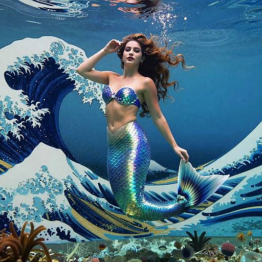 Shimmering Mermaid Underwater with Hokusai Wave Background