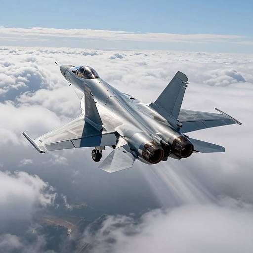 Photograph of a sleek, silver F-16 fighter jet soaring above a sea of fluffy white clouds, with clear blue sky above.