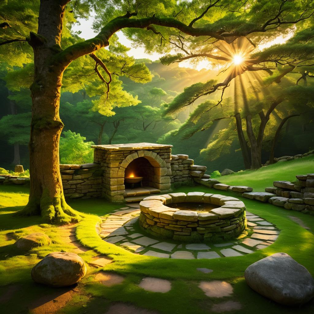 Majestic Forest with Ancient Well at Sunset