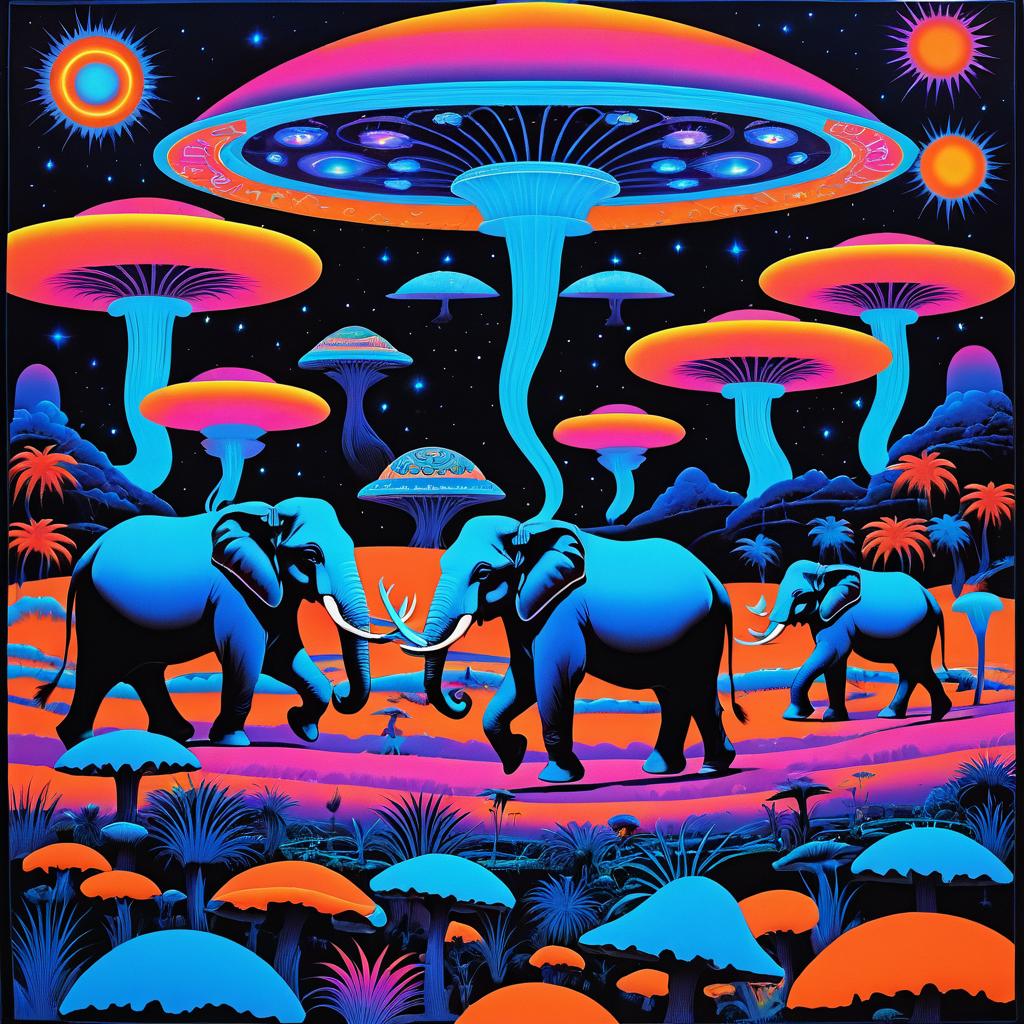 Retro 70s Trippy Elephants in Space