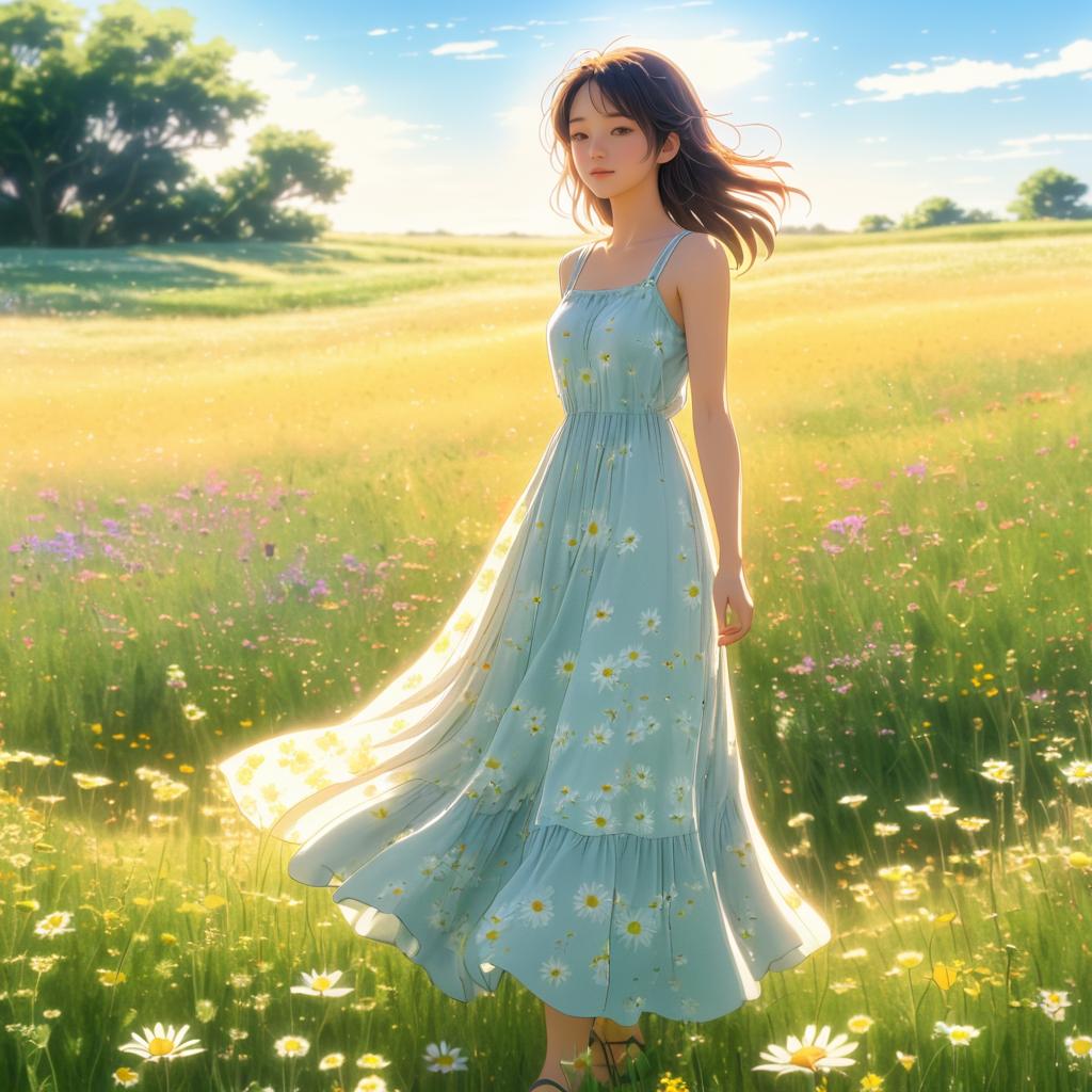 Serene Woman in Sunlit Wildflower Field