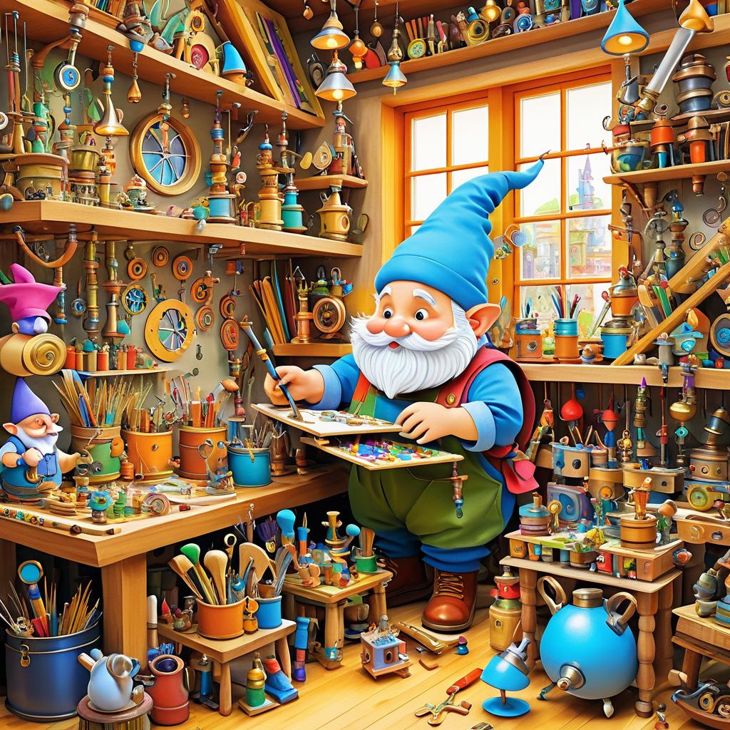 Whimsical Gnome in a Colorful Workshop