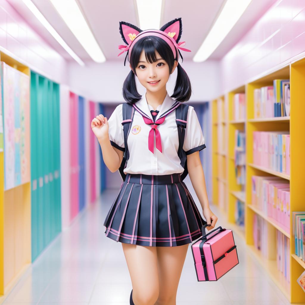 Cheerful Schoolgirl with Cat Ears