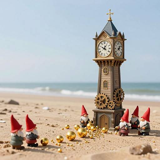 Photograph of a clock tower with gears, surrounded by five gnome figurines with red hats, golden baubles, on a sandy beach.