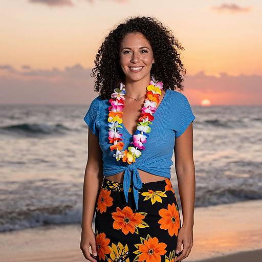 Photograph of a smiling woman with curly hair, wearing a blue crop top, black floral skirt, and colorful lei, standing on a beach at sunset