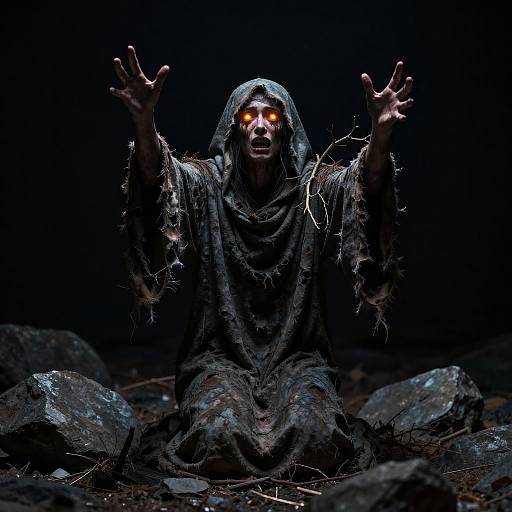 Tormented Cloaked Figure on Rocks