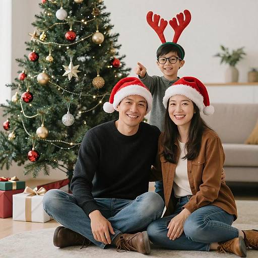 Joyful Family Portrait by Christmas Tree