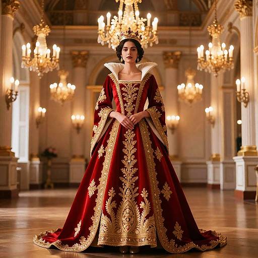 Photograph of a regal woman in an ornate, red and gold embroidered gown, standing in an opulent, chandelier-lit ballroom